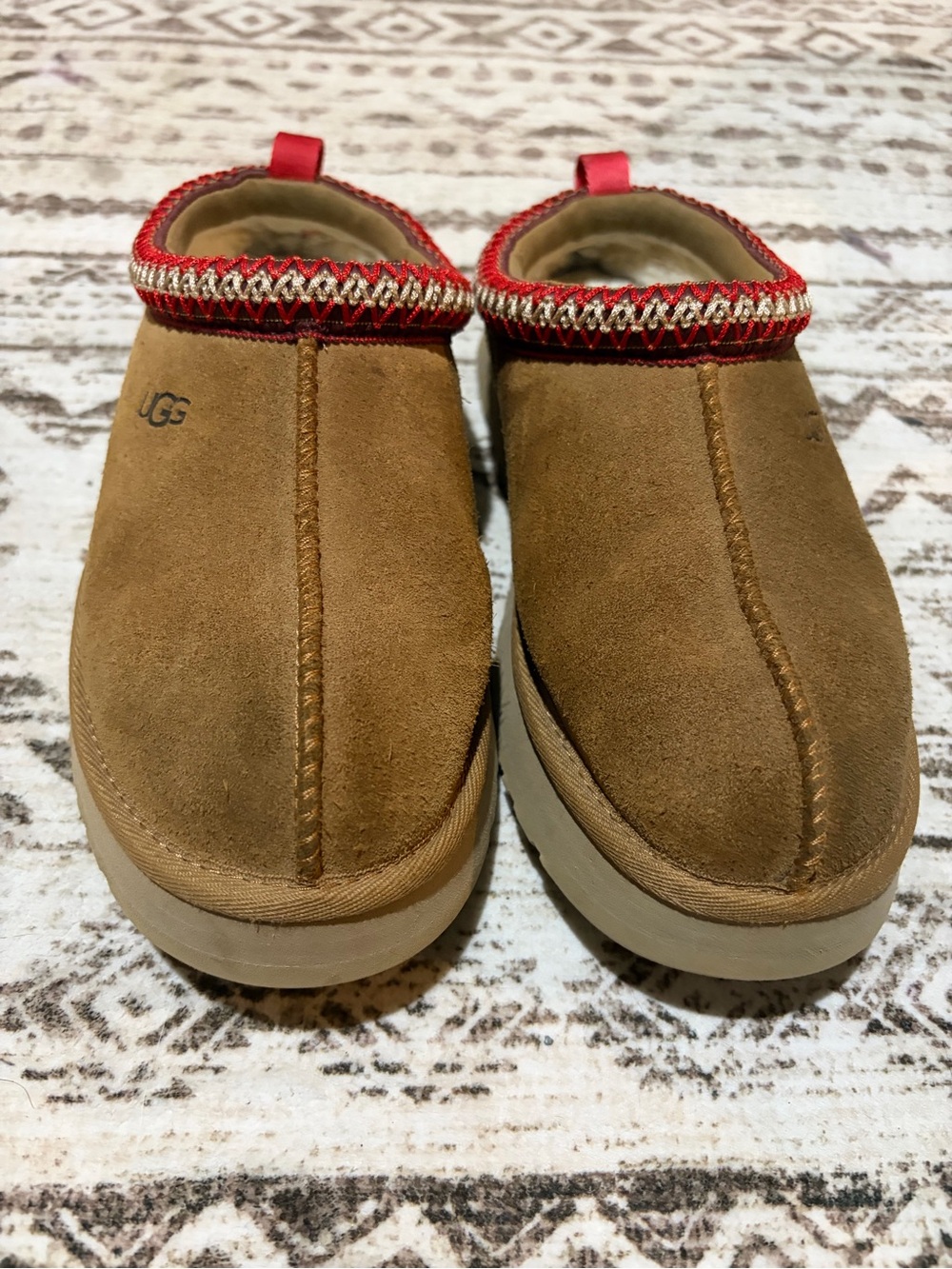 UGG Tazz Kids Chestnut Slip-On Suede Clog with Red Trim